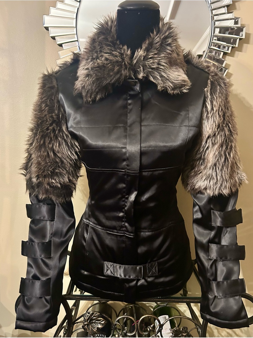 Vintage Satin Like Jacket with Faux Fur Collar and Sleeve Accents